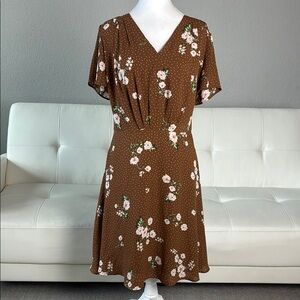 Ann Taylor Factory Brown Floral Midi Dress with V-Neck